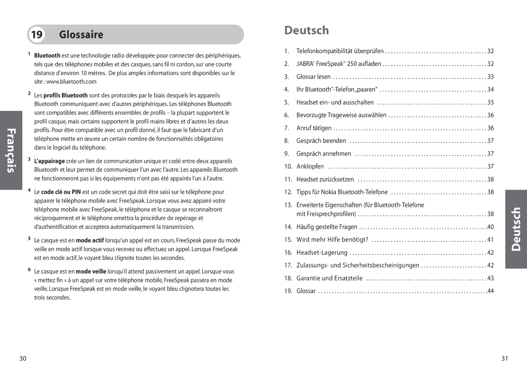 Jabra 250 user manual Deutsch, Glossaire, Erweiterte Eigenschaften für Bluetooth-Telefone 