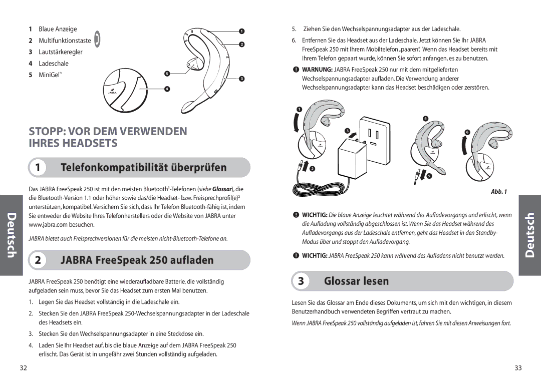 Jabra Stopp VOR DEM Verwenden Ihres Headsets, Telefonkompatibilität überprüfen, Jabra FreeSpeak 250 aufladen, Abb 