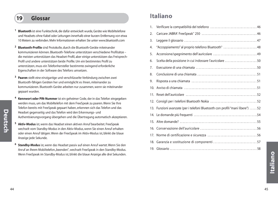 Jabra 250 user manual Italiano, Glossar 