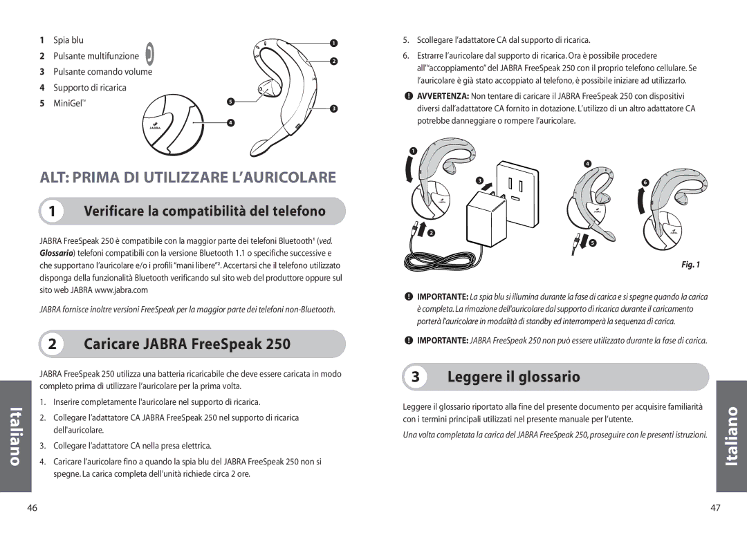 Jabra 250 user manual ALT Prima DI Utilizzare L’AURICOLARE, Caricare Jabra FreeSpeak, Leggere il glossario 