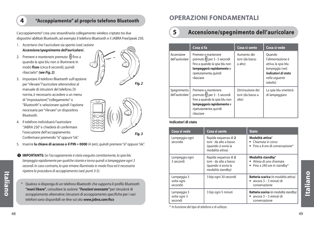 Jabra 250 Operazioni Fondamentali, Accensione/spegnimento dell’auricolare, Accoppiamento al proprio telefono Bluetooth 