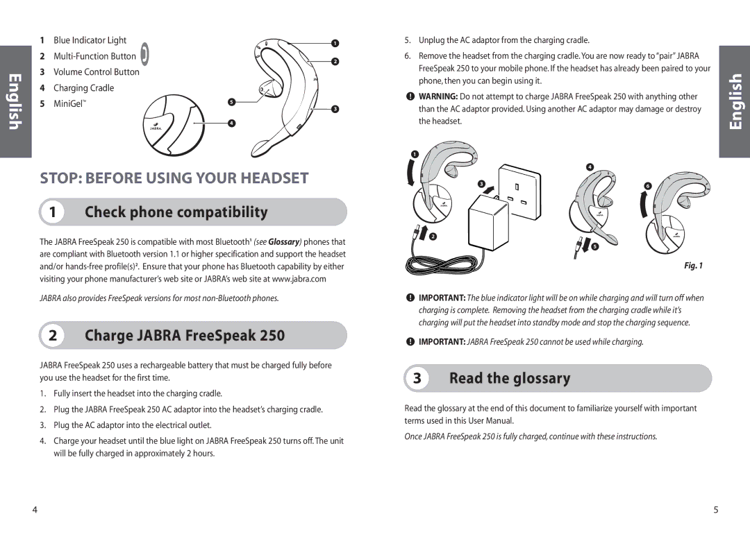 Jabra 250 user manual Stop Before Using Your Headset, Check phone compatibility, Charge Jabra FreeSpeak, Read the glossary 