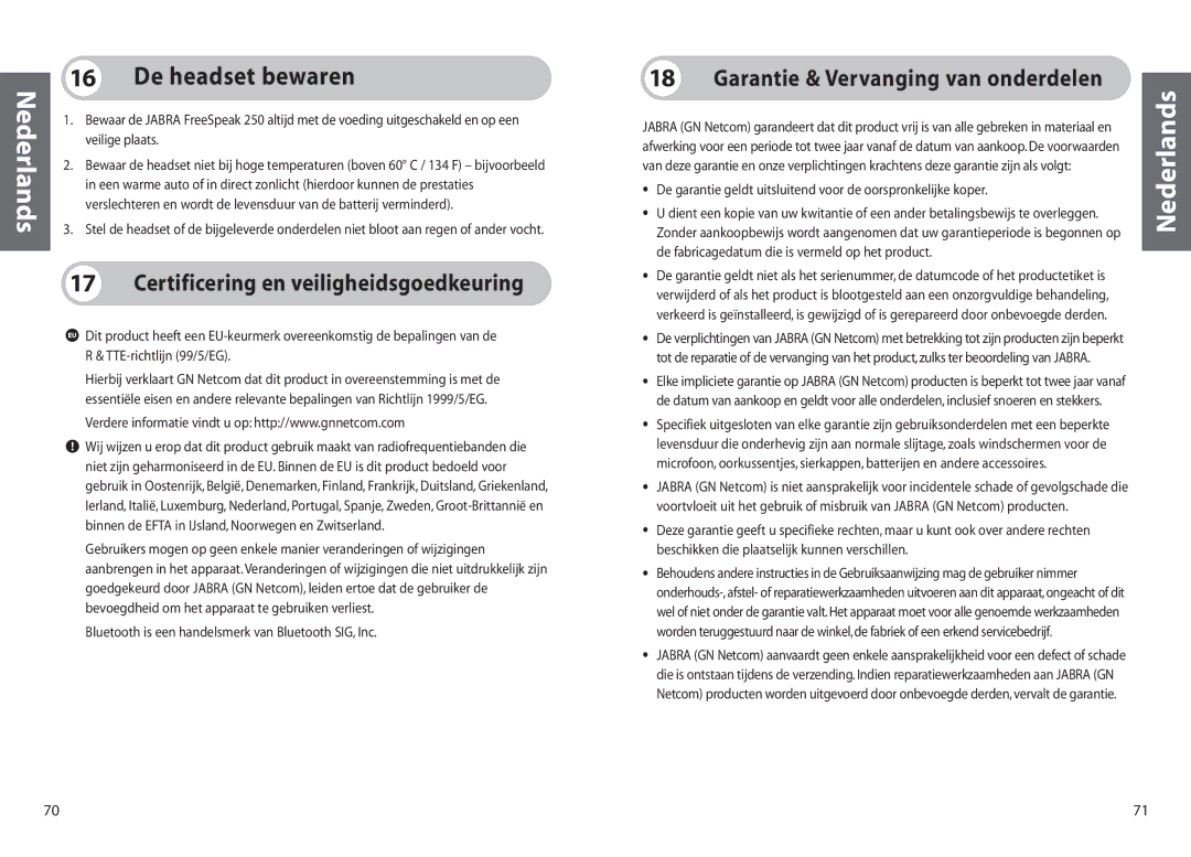 Jabra 250 user manual De headset bewaren, Certificering en veiligheidsgoedkeuring, Garantie & Vervanging van onderdelen 