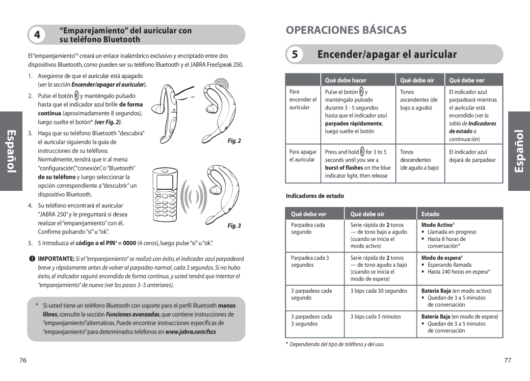 Jabra 250 Operaciones Básicas, Encender/apagar el auricular, Emparejamiento del auricular con su teléfono Bluetooth 