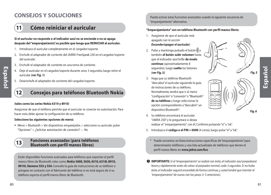 Jabra 250 Consejos Y Soluciones, 11 Cómo reiniciar el auricular, Consejos para teléfonos Bluetooth Nokia, Ver Fig 