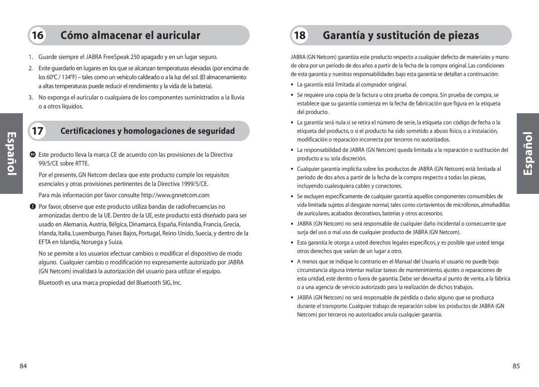 Jabra 250 16 Cómo almacenar el auricular, Garantía y sustitución de piezas, Certificaciones y homologaciones de seguridad 