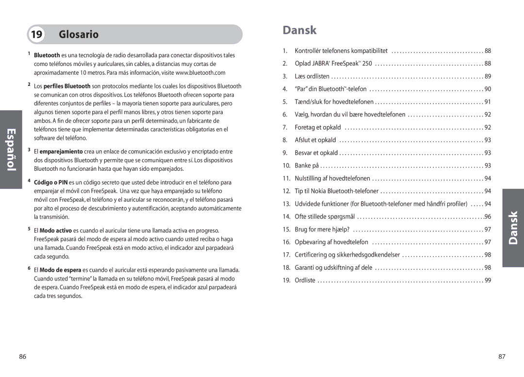 Jabra 250 user manual Dansk, Glosario 