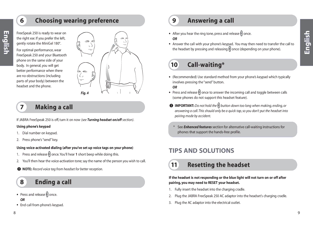 Jabra 250 user manual Tips and Solutions 