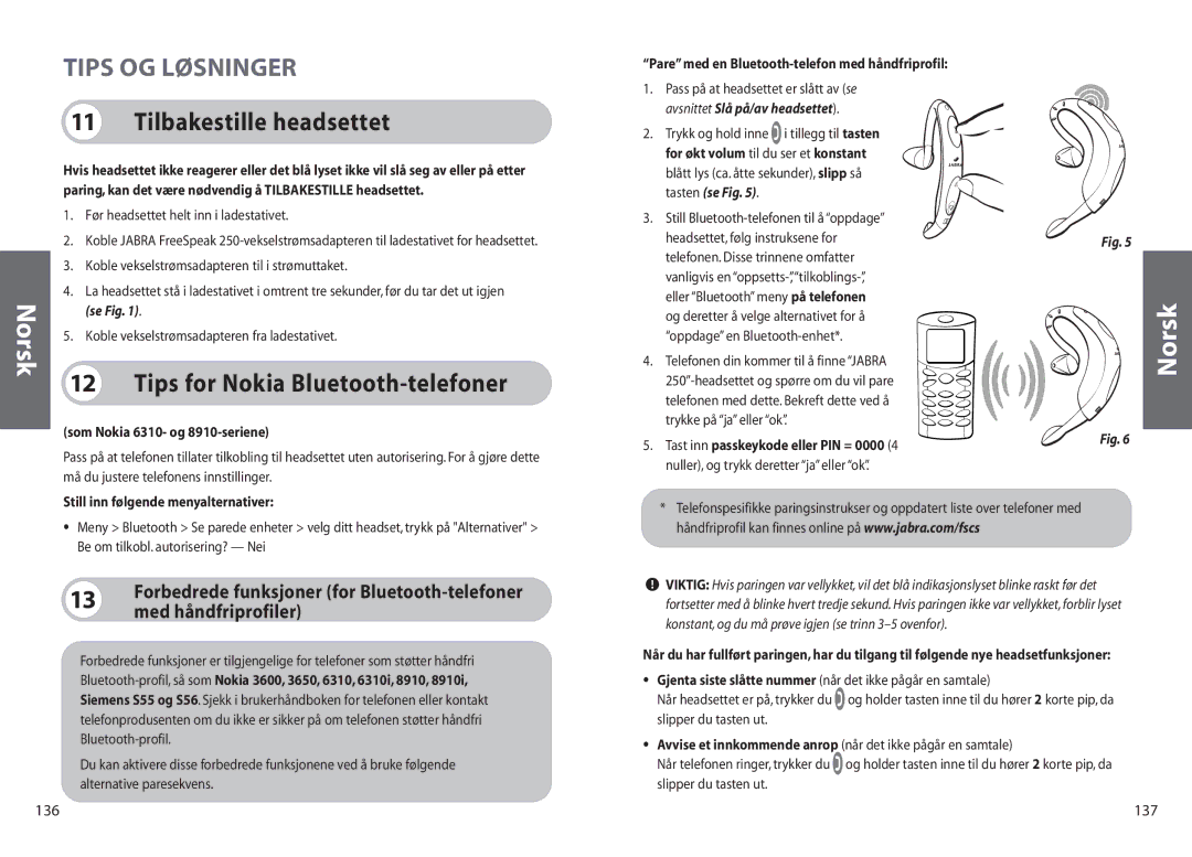 Jabra 250 user manual Tips OG Løsninger, Tilbakestille headsettet, Tips for Nokia Bluetooth-telefoner, 137 