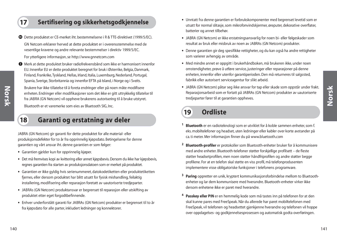 Jabra 250 user manual Garanti og erstatning av deler, Sertifisering og sikkerhetsgodkjennelse, 141 