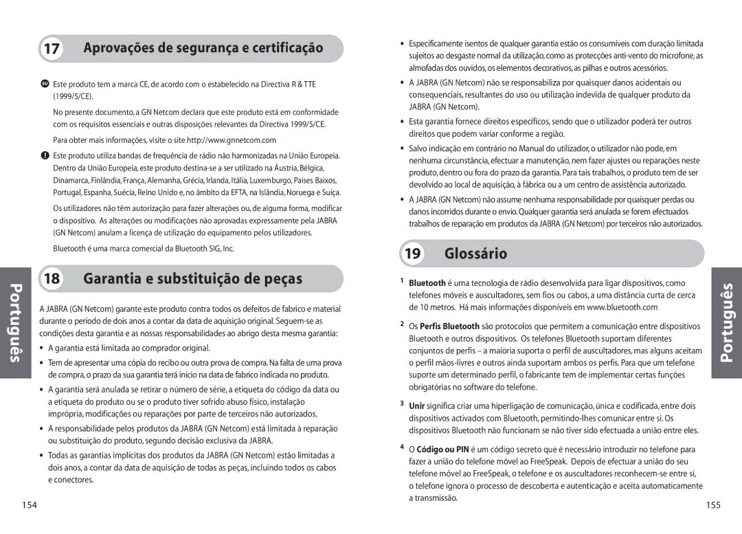 Jabra 250 user manual Garantia e substituição de peças, Glossário, Aprovações de segurança e certificação, 155 