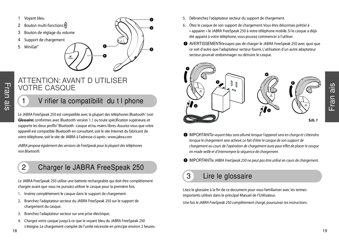 Jabra 250 user manual Votre Casque, Charger le Jabra FreeSpeak, Lire le glossaire 