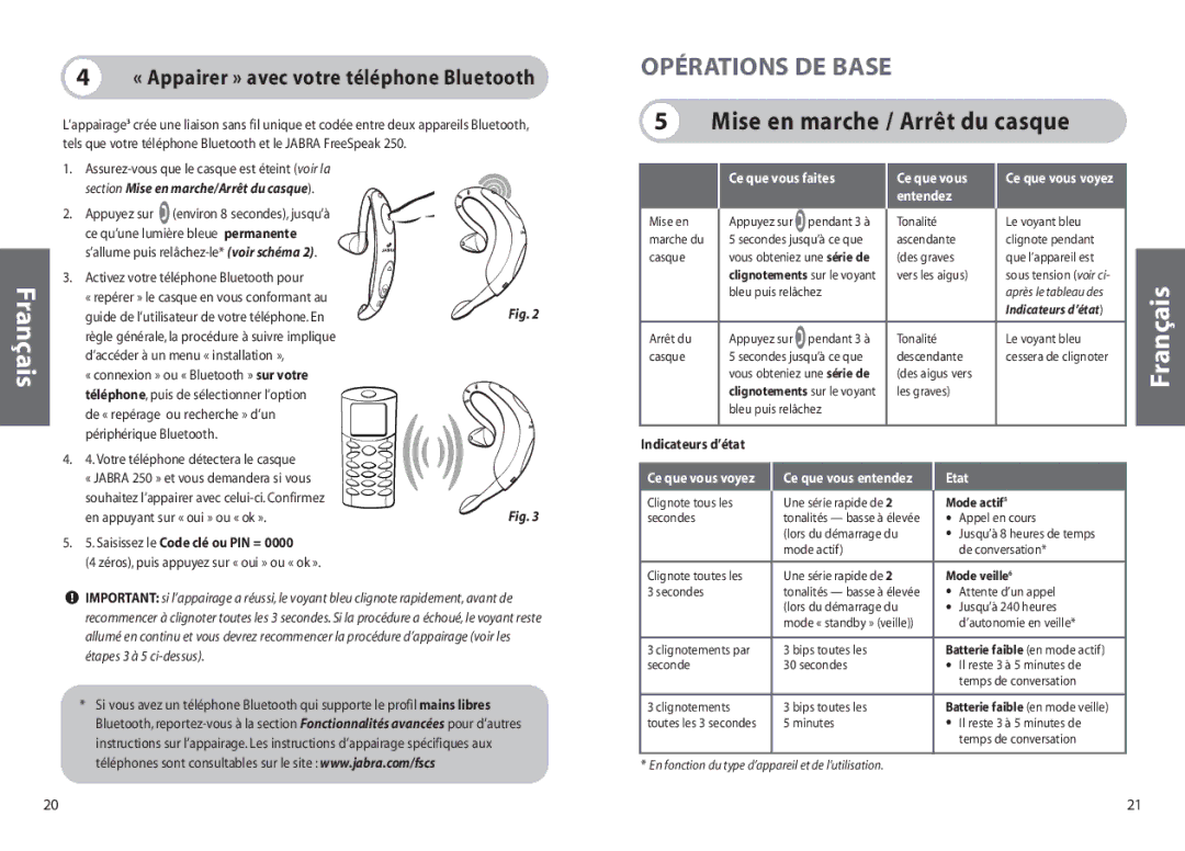 Jabra 250 Opérations DE Base, Mise en marche / Arrêt du casque, Saisissez le Code clé ou PIN =, Indicateurs d’état 