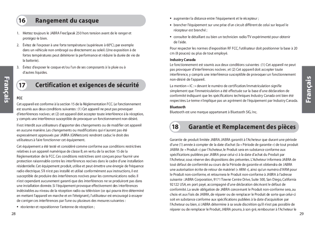 Jabra 250 user manual Rangement du casque, Certification et exigences de sécurité, Garantie et Remplacement des pièces 