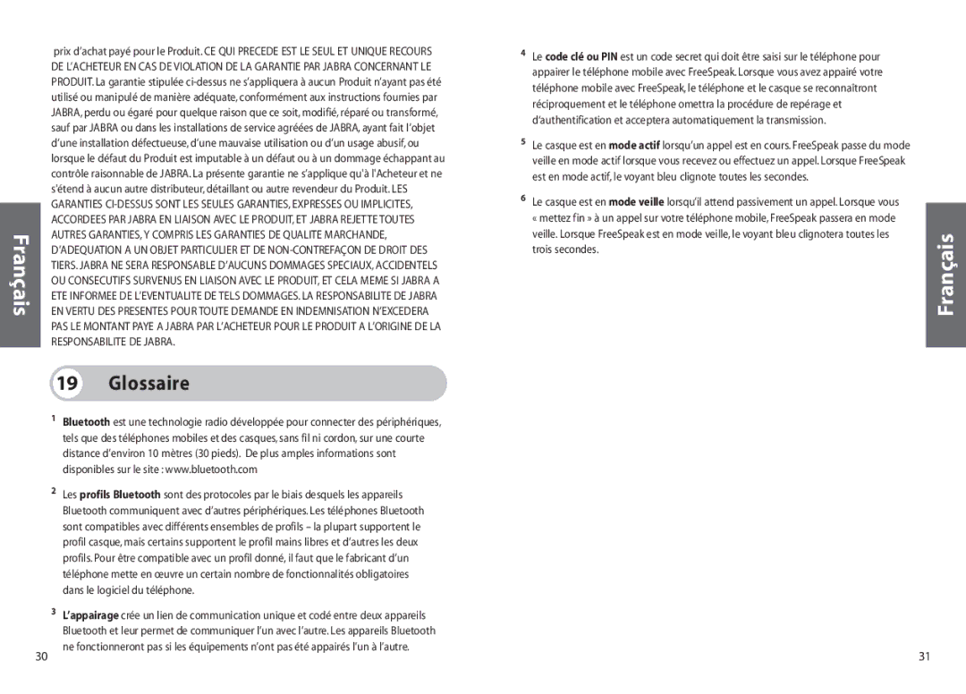 Jabra 250 user manual Glossaire 