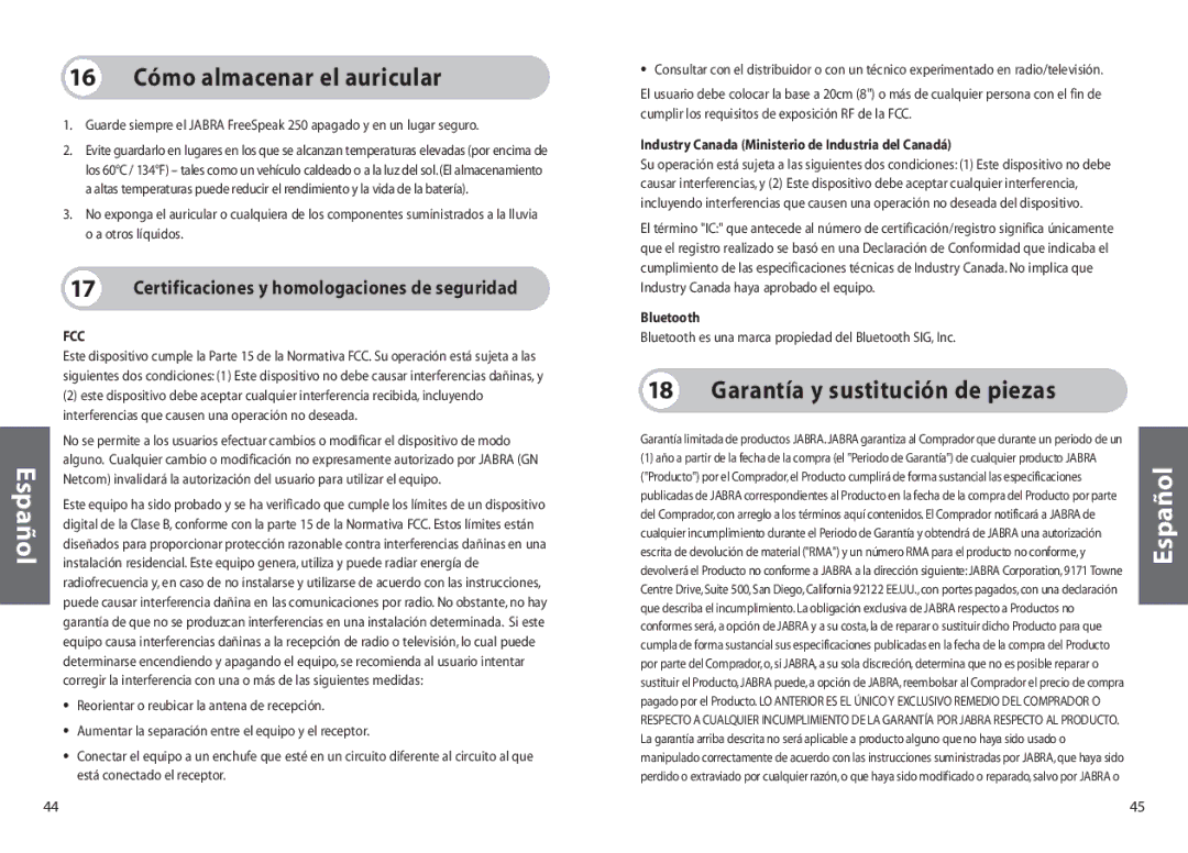 Jabra 250 user manual 16 Cómo almacenar el auricular, Garantía y sustitución de piezas 