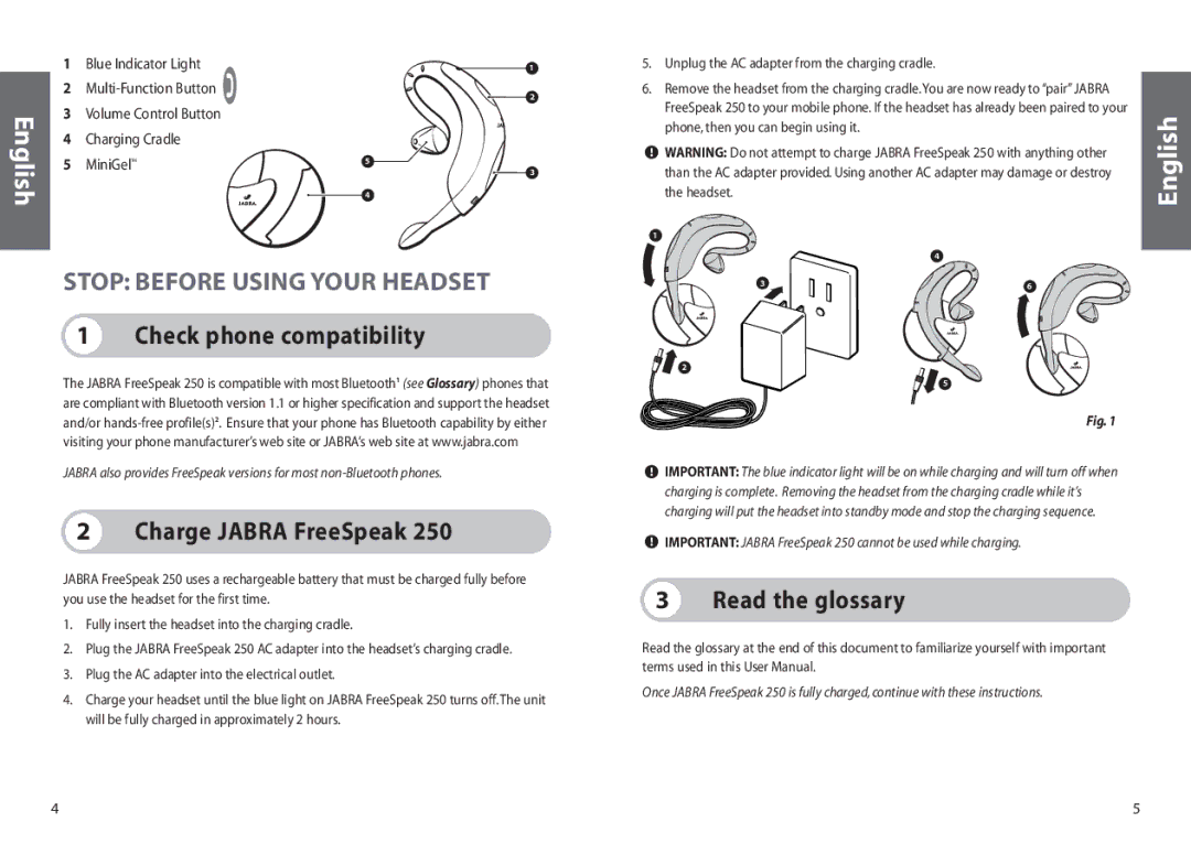 Jabra 250 user manual Stop Before Using Your Headset, Check phone compatibility, Charge Jabra FreeSpeak, Read the glossary 