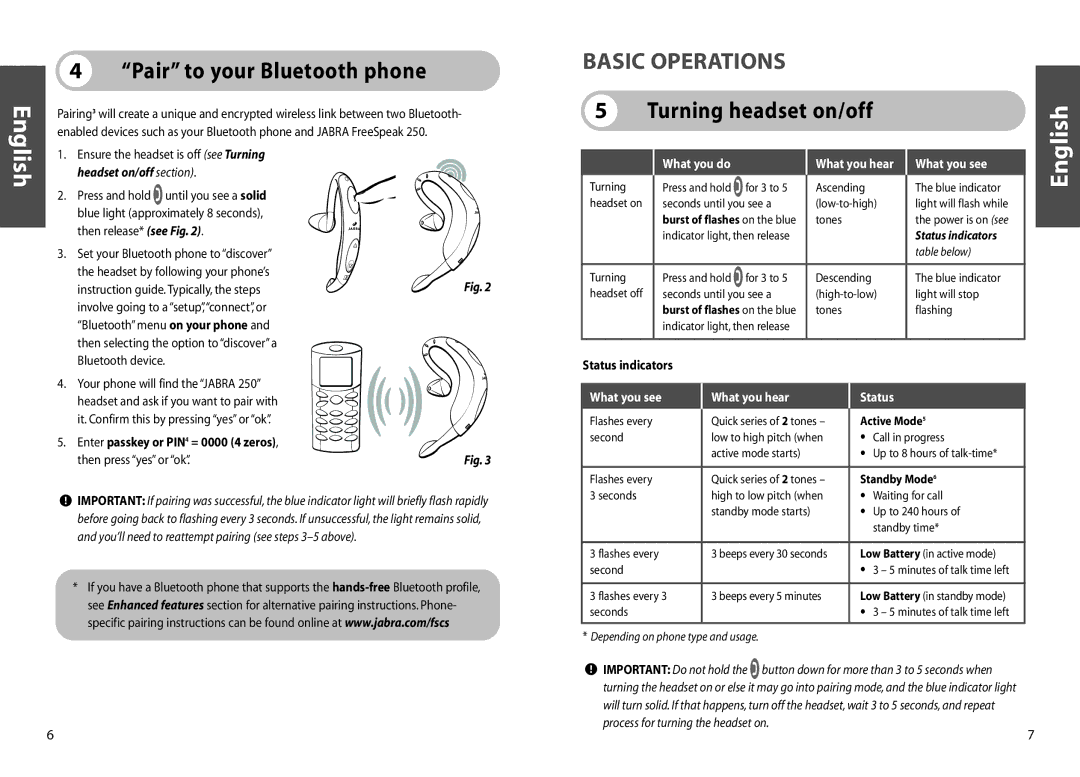 Jabra 250 Pair to your Bluetooth phone, Basic Operations, Enter passkey or PIN4 = 0000 4 zeros, Then press yes or ok 