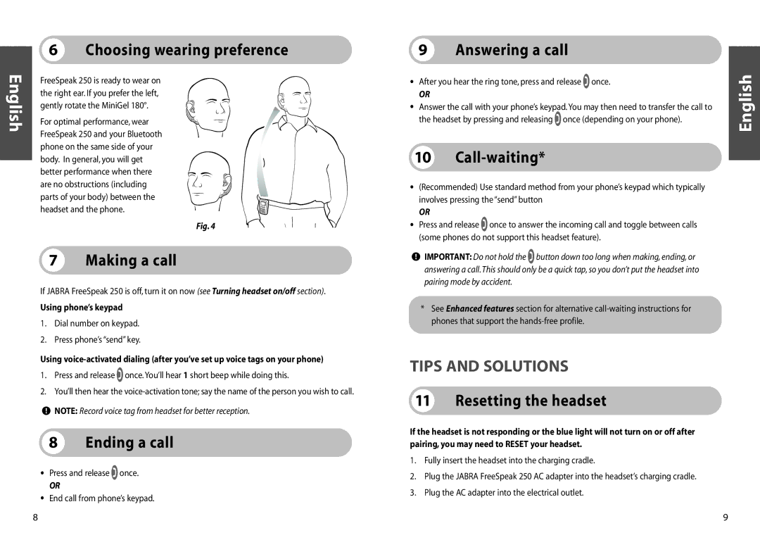 Jabra 250 user manual Tips and Solutions 