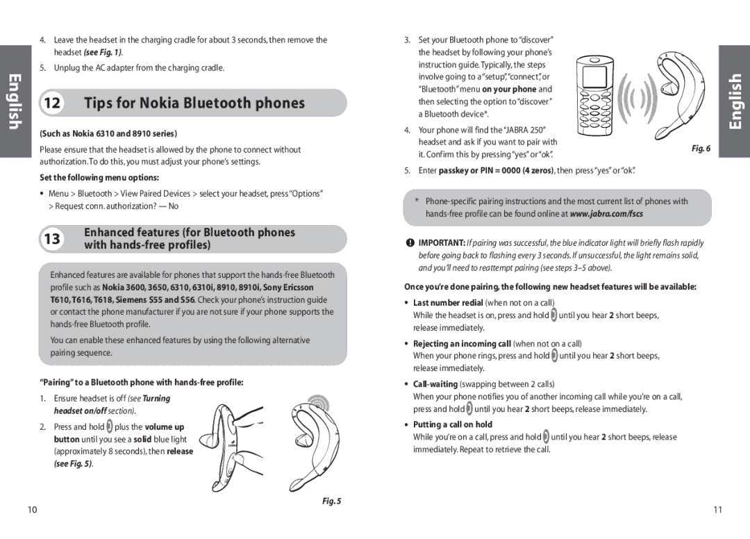 Jabra 250 user manual Tips for Nokia Bluetooth phones 