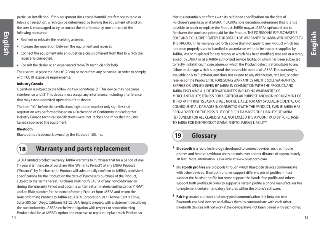 Jabra 250 user manual Warranty and parts replacement, Glossary, Industry Canada, Bluetooth 