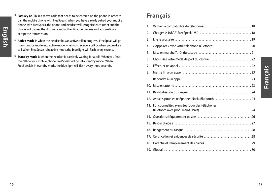 Jabra 250 user manual Français 