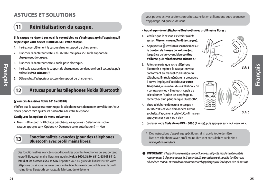 Jabra 250 Astuces Et Solutions, 11 Réinitialisation du casque, 12Astuces pour les téléphones Nokia Bluetooth, Français 
