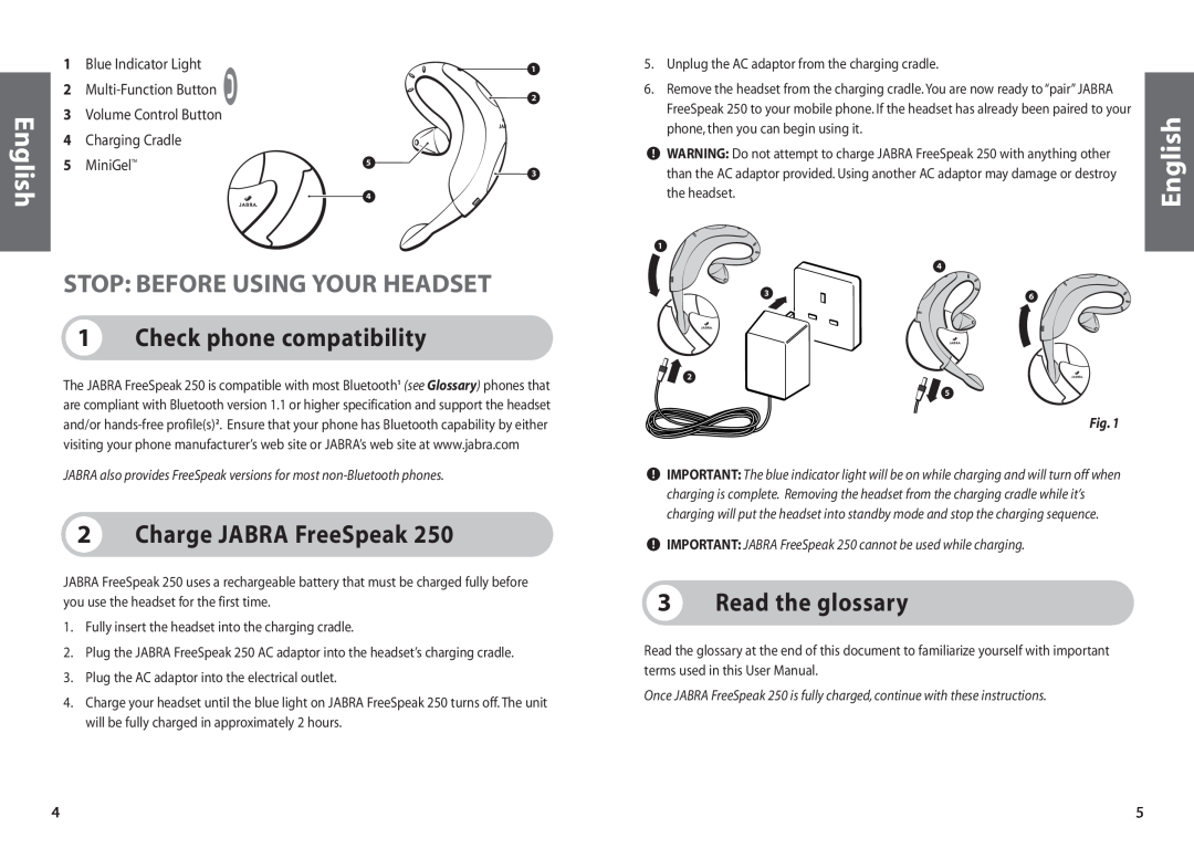 Jabra 250 Stop Before Using Your Headset, Check phone compatibility, Charge JABRA FreeSpeak, Read the glossary, English 