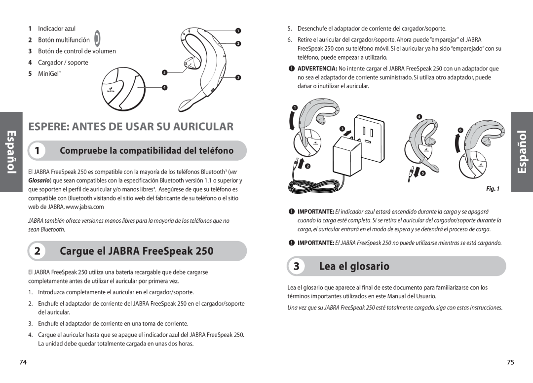 Jabra 250 user manual Cargue el JABRA FreeSpeak, Lea el glosario, Espere Antes De Usar Su Auricular, Español 
