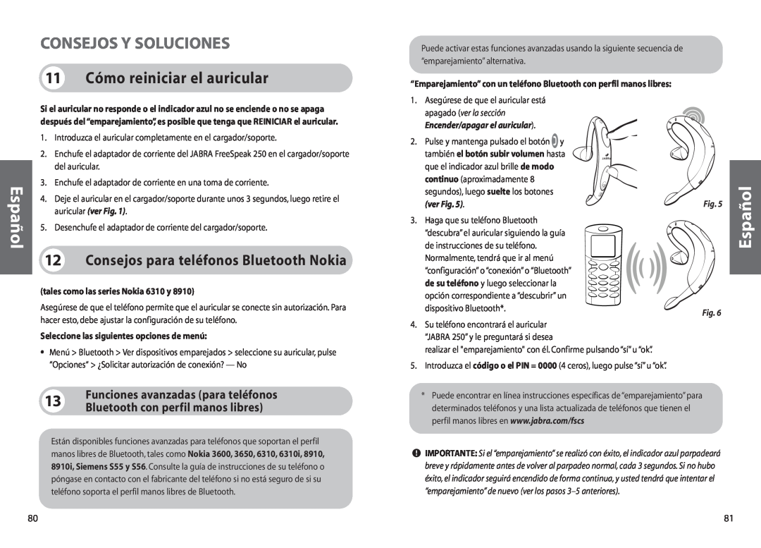 Jabra 250 Consejos Y Soluciones, 11 Cómo reiniciar el auricular, 12Consejos para teléfonos Bluetooth Nokia, Español 