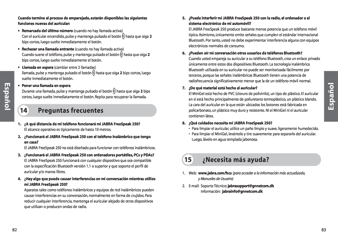 Jabra 250 user manual 14Preguntas frecuentes, 15¿Necesita más ayuda?, Español, Poner una llamada en espera 