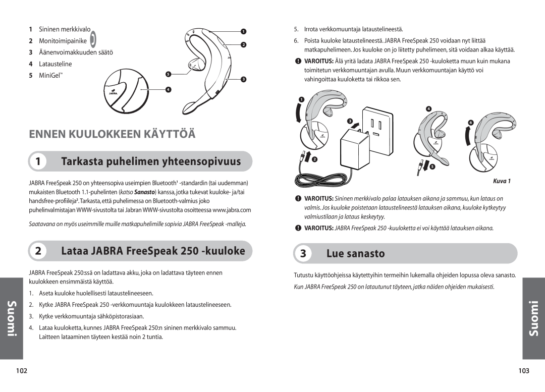 Jabra Ennen Kuulokkeen Käyttöä, Tarkasta puhelimen yhteensopivuus, Lue sanasto, Lataa JABRA FreeSpeak 250 -kuuloke 