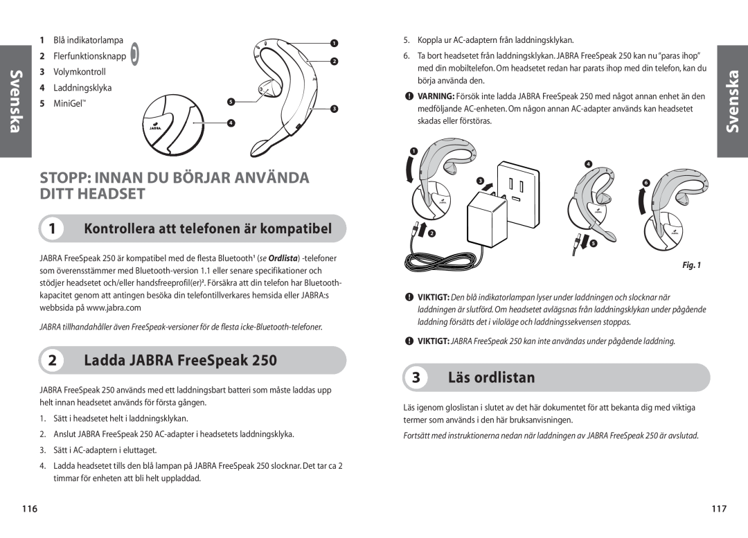 Jabra 250 user manual Stopp Innan Du Börjar Använda Ditt Headset, Ladda JABRA FreeSpeak, 3 Läs ordlistan, Svenska 