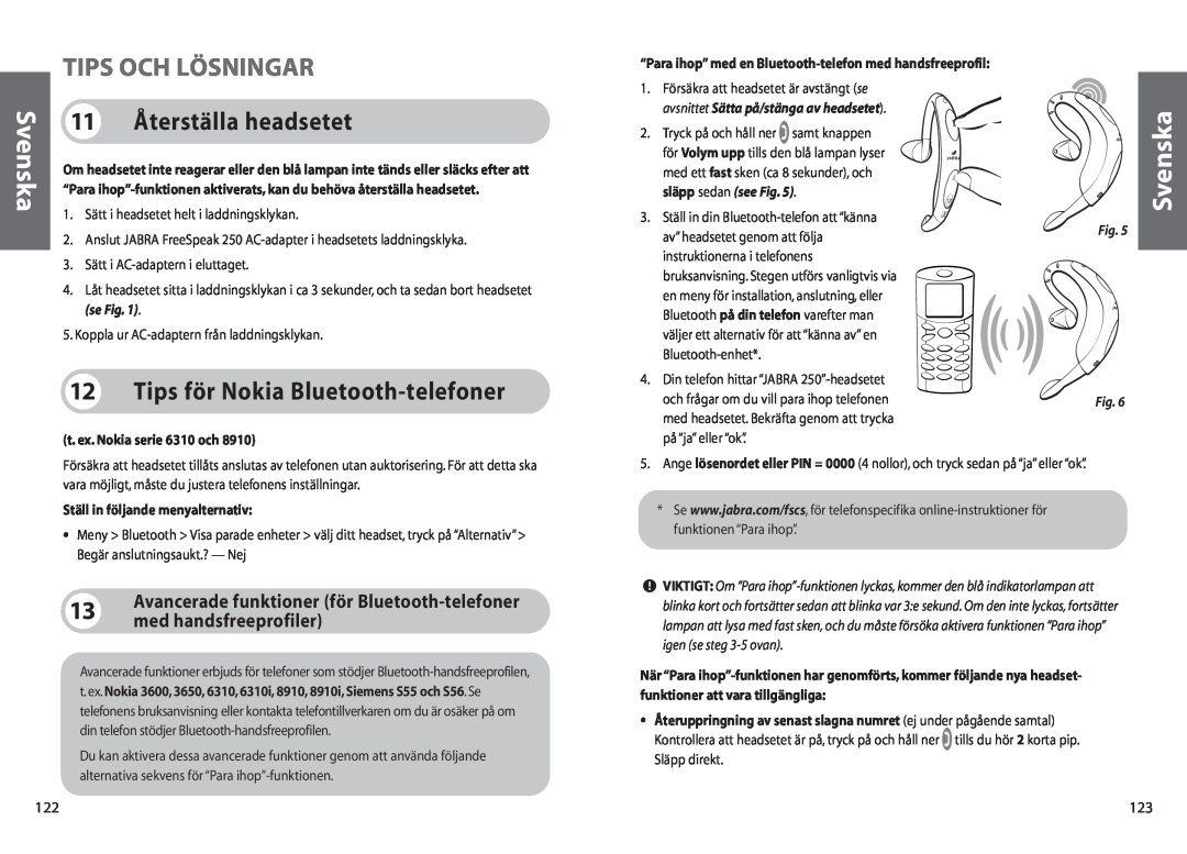 Jabra 250 user manual Tips Och Lösningar, 11 Återställa headsetet, Tips för Nokia Bluetooth-telefoner, Svenska 