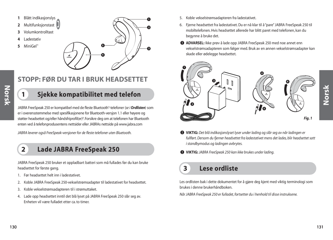 Jabra 250 Stopp Før Du Tar I Bruk Headsettet, Lade JABRA FreeSpeak, Lese ordliste, Sjekke kompatibilitet med telefon 