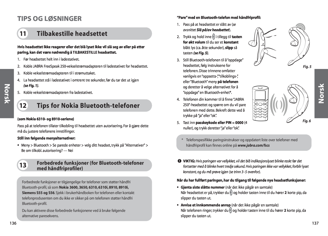 Jabra 250 user manual Tips Og Løsninger, Tilbakestille headsettet, Tips for Nokia Bluetooth-telefoner, Norsk 