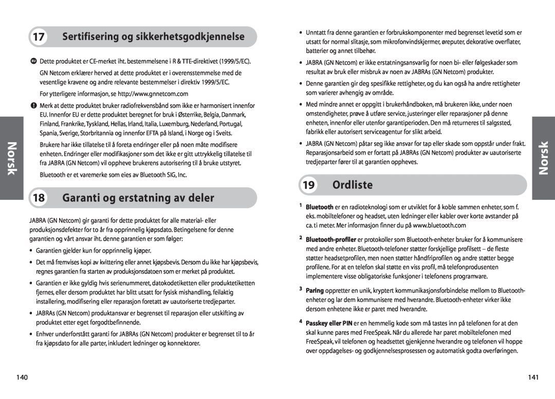 Jabra 250 user manual Garanti og erstatning av deler, 17Sertifisering og sikkerhetsgodkjennelse, Norsk, 19Ordliste 