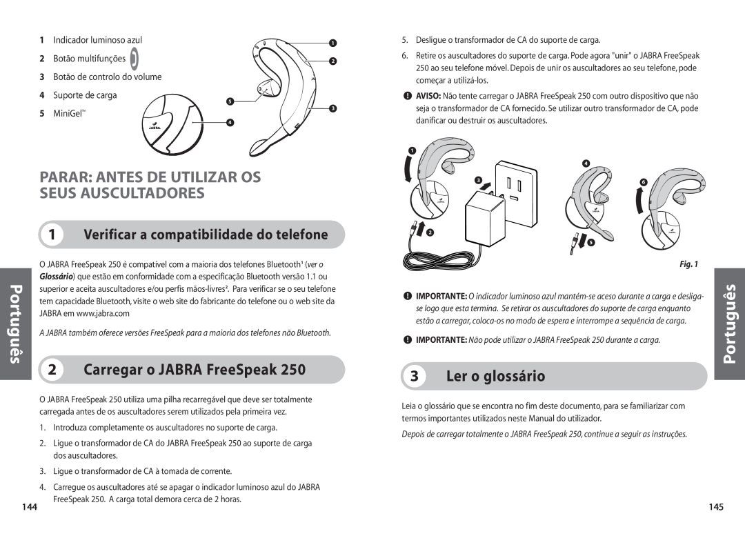 Jabra 250 user manual Parar Antes De Utilizar Os Seus Auscultadores, Carregar o JABRA FreeSpeak, Ler o glossário, Português 