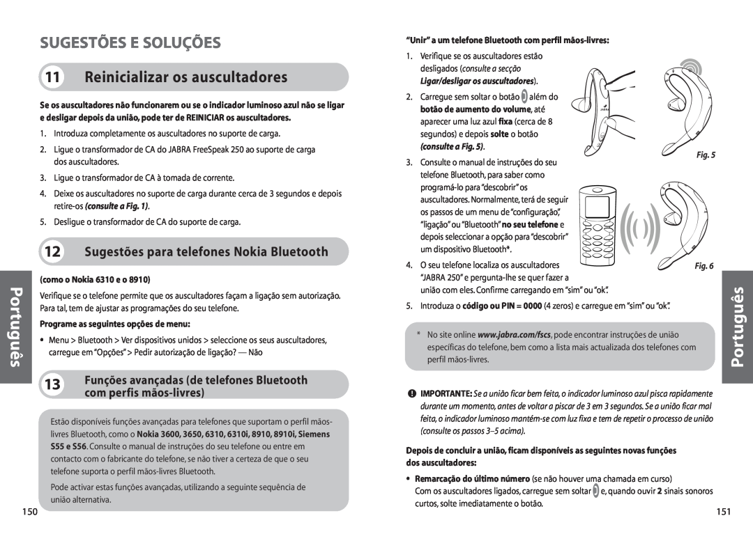 Jabra 250 Sugestões E Soluções, Reinicializar os auscultadores, 12Sugestões para telefones Nokia Bluetooth, Português 