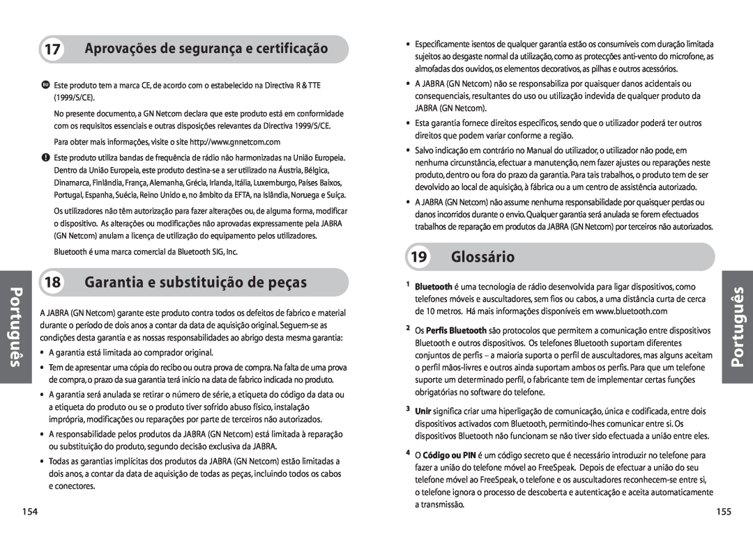 Jabra 250 user manual Garantia e substituição de peças, 19Glossário, 17Aprovações de segurança e certificação, Português 