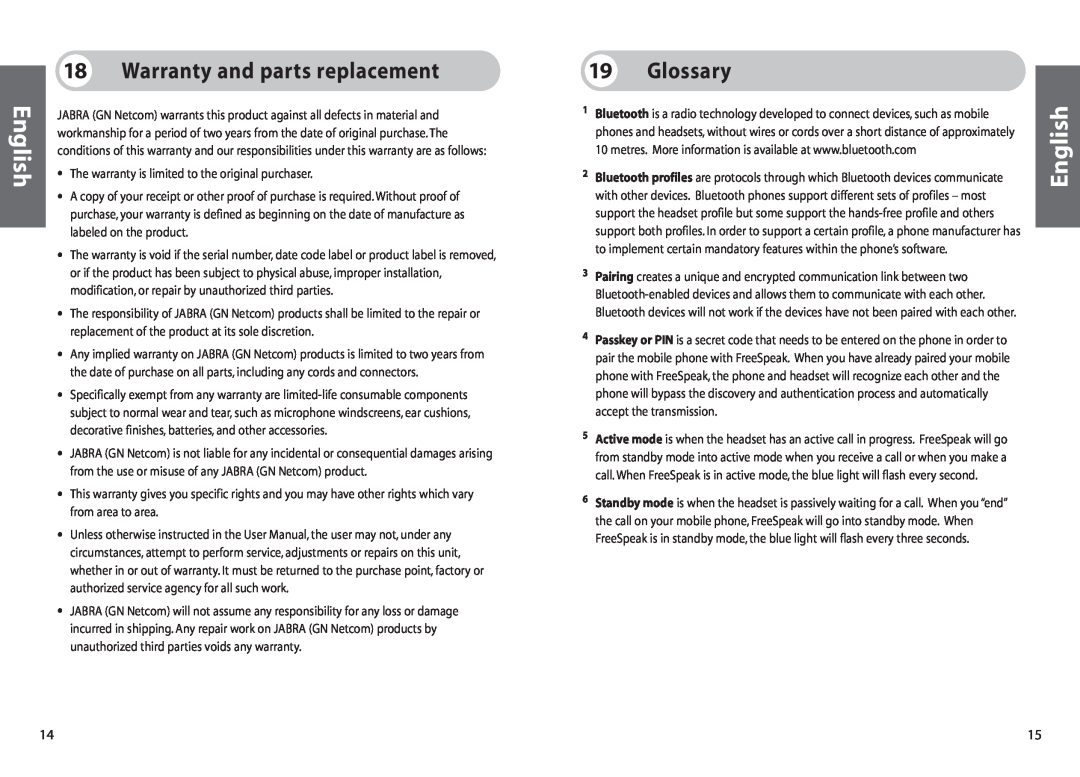 Jabra 250 user manual Warranty and parts replacement, 19Glossary, English 