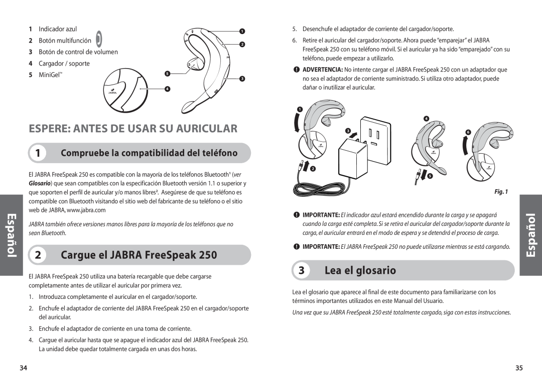 Jabra 250 Espere Antes De Usar Su Auricular, Cargue el JABRA FreeSpeak, Lea el glosario, Cargador / soporte 5 MiniGel 
