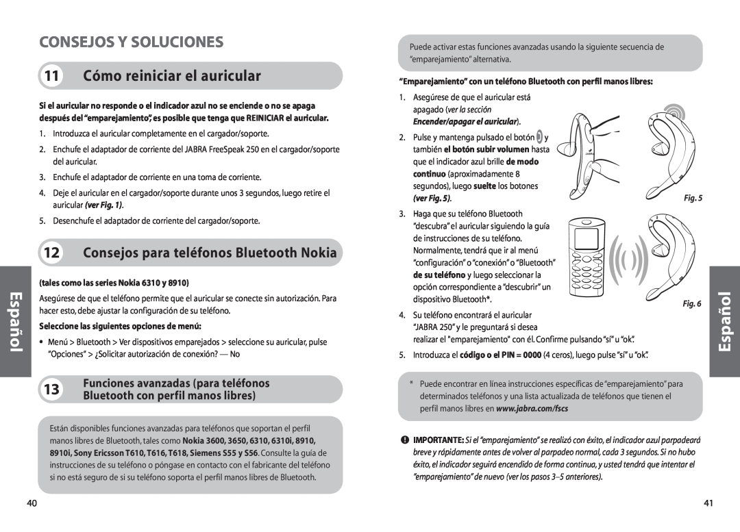 Jabra 250 Consejos Y Soluciones, 11 Cómo reiniciar el auricular, Consejos para teléfonos Bluetooth Nokia, ver Fig, Español 