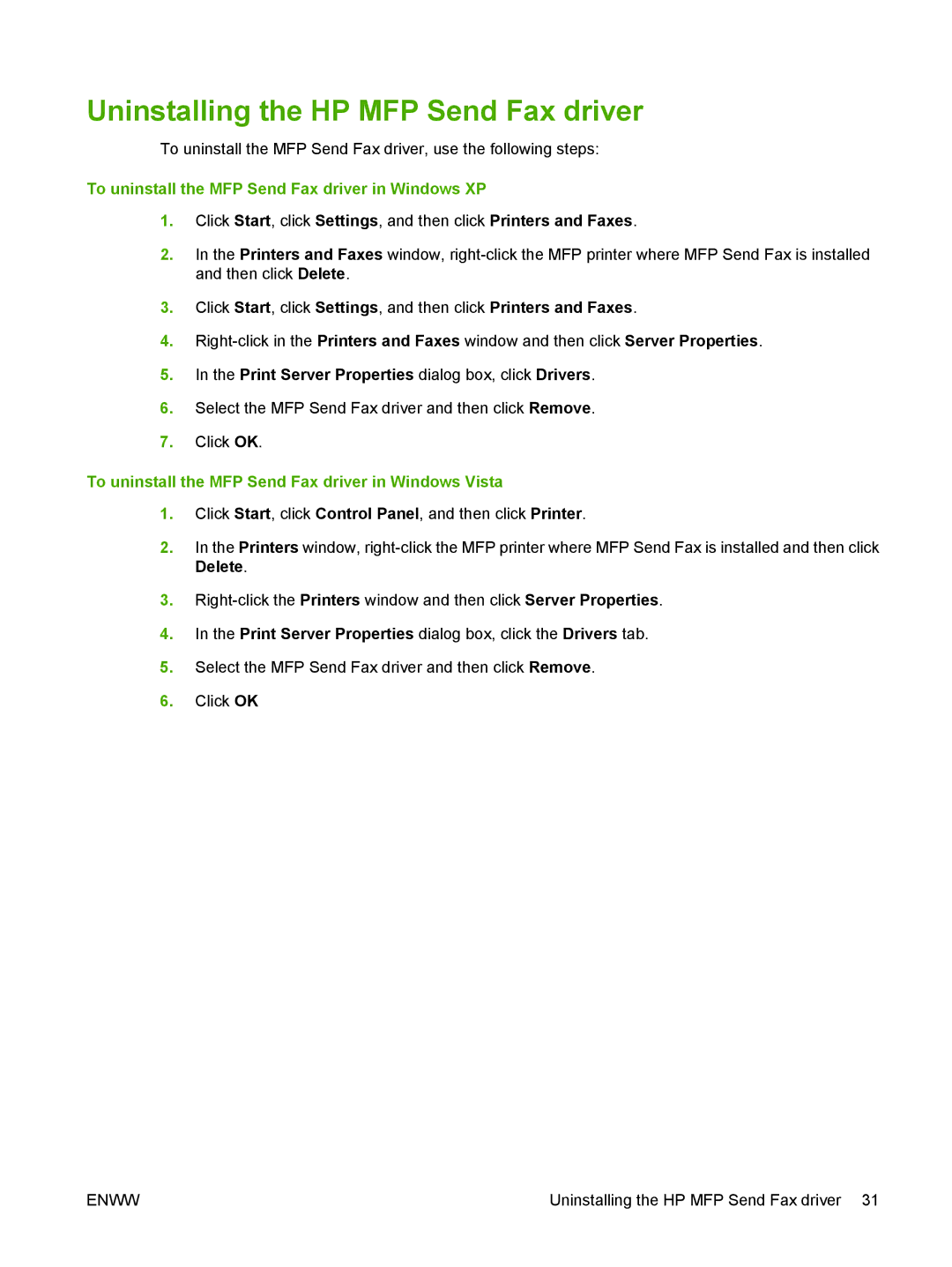 Jabra 300 manual Uninstalling the HP MFP Send Fax driver, To uninstall the MFP Send Fax driver in Windows XP 