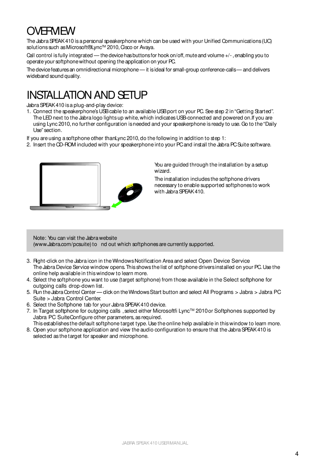 Jabra 410 user manual Overview, Installation and Setup 