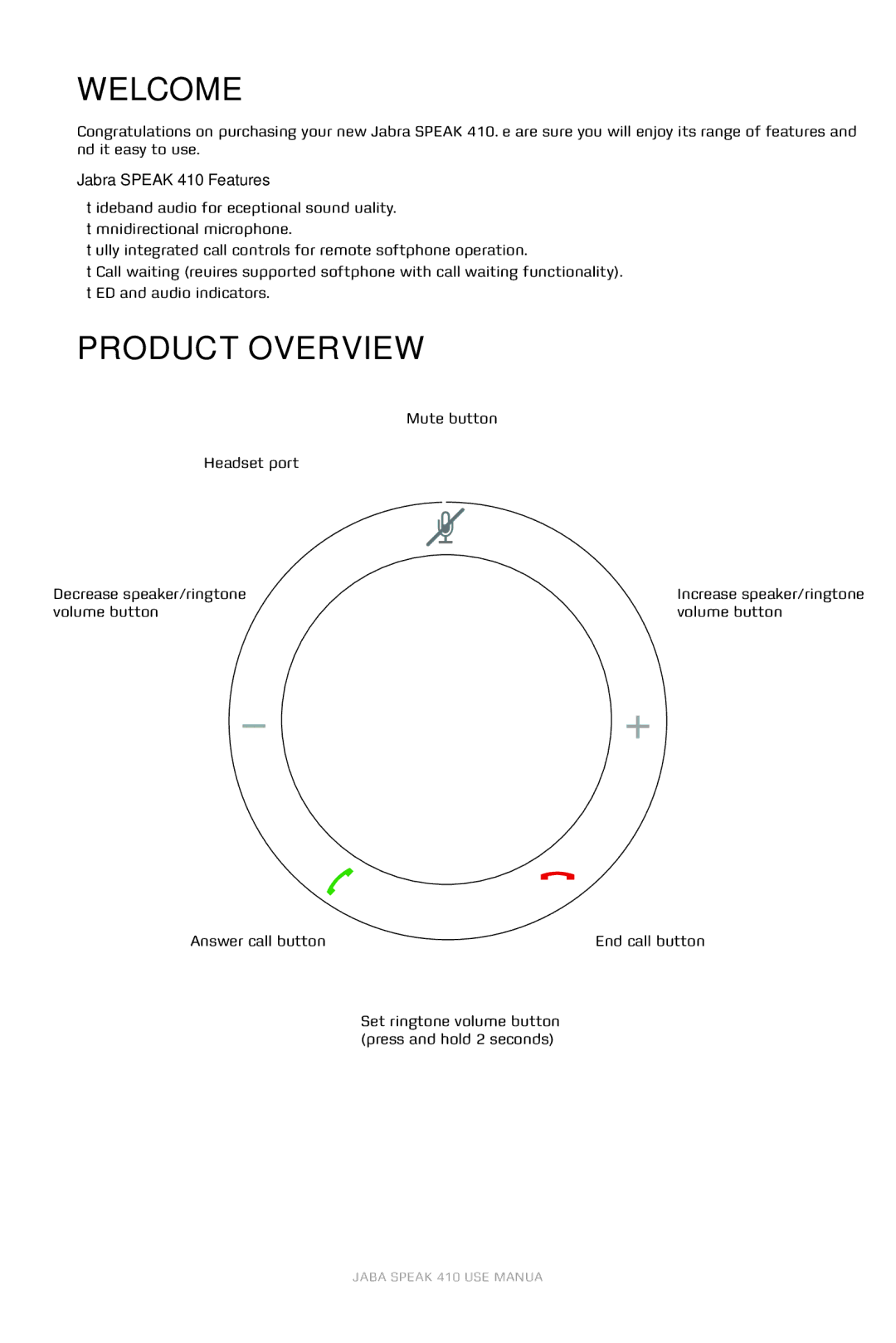 Jabra user manual Welcome, Product Overview, Jabra Speak 410 Features 