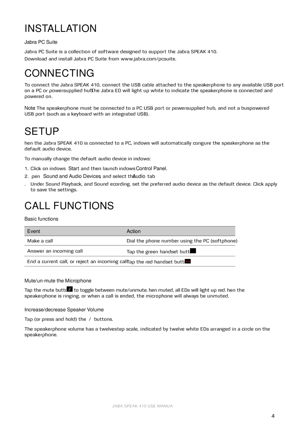 Jabra 410 user manual Installation, Connecting, Setup, Call Functions 