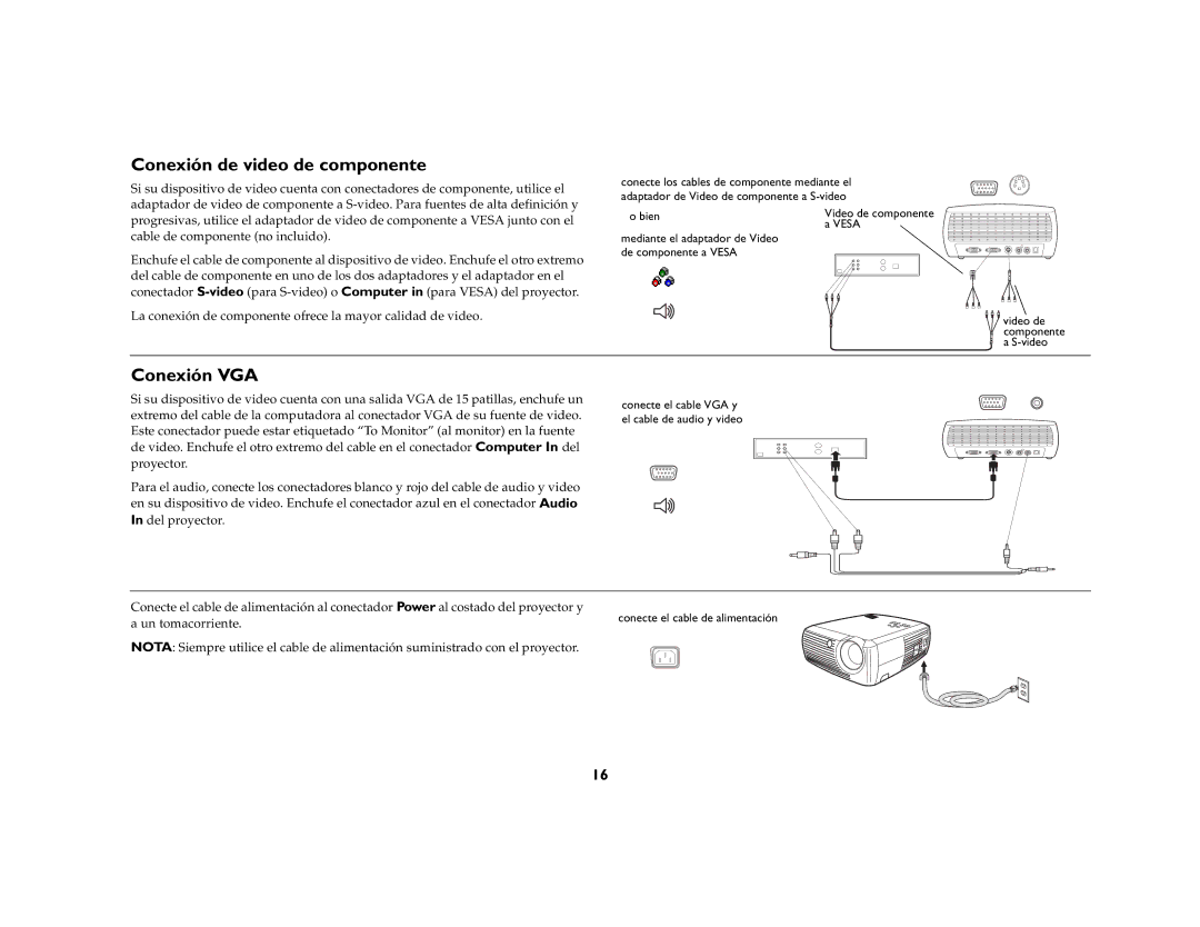Jabra 4800 manual Conexión de video de componente, Conexión VGA, Bien, Vesa, Video de 