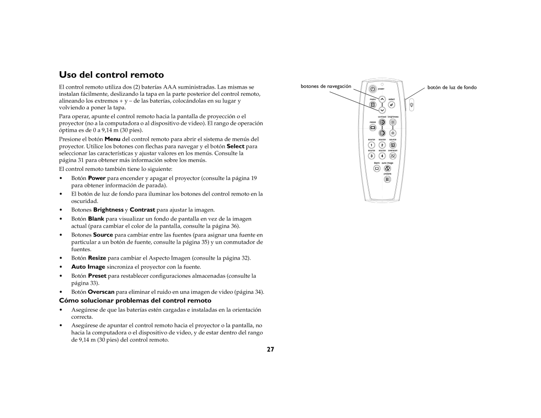 Jabra 4800 manual Uso del control remoto, Cómo solucionar problemas del control remoto, Botones de navegación 