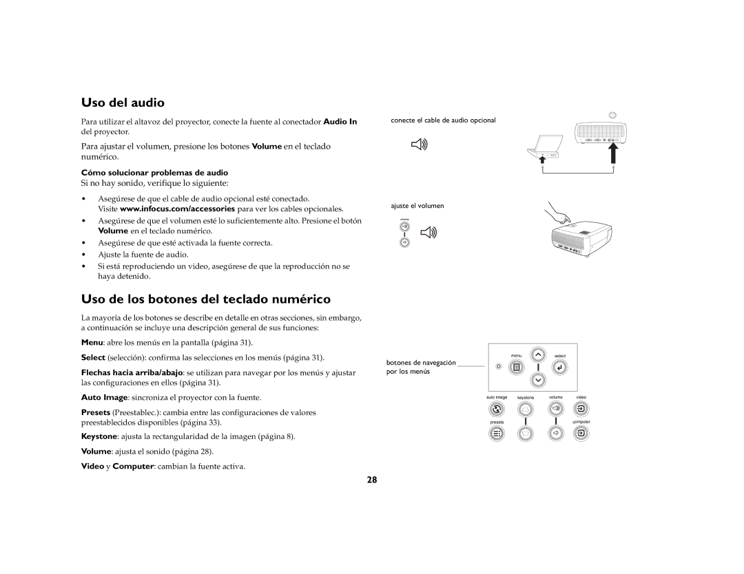 Jabra 4800 manual Uso del audio, Uso de los botones del teclado numérico, Cómo solucionar problemas de audio 